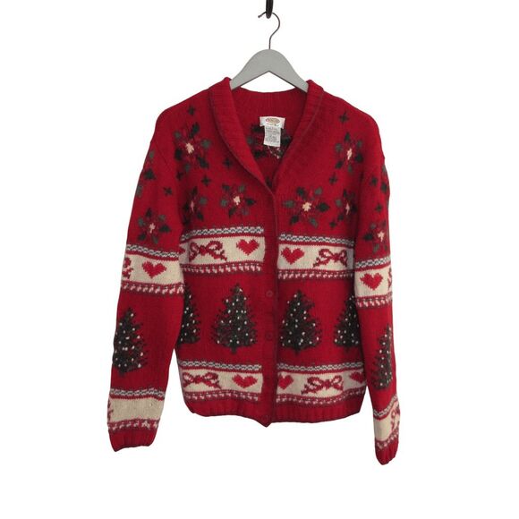 Talbots Sweaters - Vintage Talbots Christmas Tree Hand Knit Button Cardigan Lambs Wool Womens L